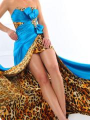 Blue Satin and Leopard Print Strapless Bow Embellishment High Low Prom Dresses