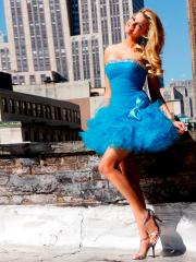 Blue Tulle Sequined Strapless Neckline Ruffled Skirt Sleeveless Short Cocktail Dress