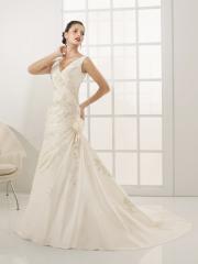 Breathtaking Deep V-Neck Taffeta Wedding Gown of Ruched Skirt and Chapel Train