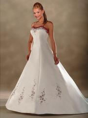 British Style Red White Satin Gown of Intricate Applique