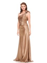 Brown Satin One-shoulder Asymmetrical Neckline Ruched Bodice Full Length Evening Dresses