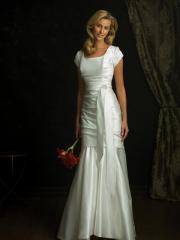 Cap Sleeved Satin Gown of Sash and Crystal Brooch