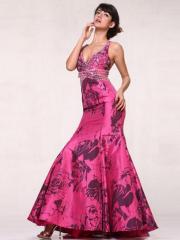 Captivating Deep V-Neck Floor Length Sheath Style Fuchsia Printed Celebrity Gown