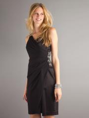 Charming One-Shoulder Knee-Length Black Satin Gathered Bodice Brooch Bridesmaid Dress
