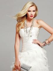 Charming White Taffeta A-line Style Strapless Neckline Tulle Ruffled Skirt Prom Dresses