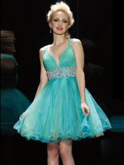 Chic Organza Low V-neckline Sequined Band Accented and Layered Skirt Prom Dresse