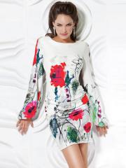 Chic Short Long Sleeve Dress With Floral Design And Open Back With Natural Waistline