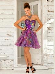 Chic Short Strapless Sweetheart Purple Print Dress with Ruched Waistline