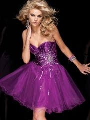 Chic Sweetheart Purple Short A-Line Satin and Tulle Rhinestone Adorned Homecoming Dresses