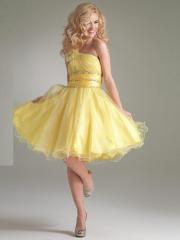 Chic short Knee Length One Shoulder Yellow Tulle Dress with Empire Waistline