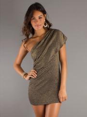 Chic sleeveless Short Gold Metallic One Shoulder Dress with Natural Waistline