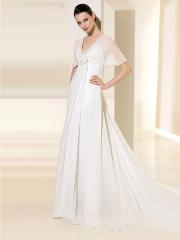 Chiffon Deep V-Neckline and Half Sleeve Column Wedding Dress
