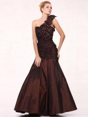 Chocolate Satin Sequined Bodice Ruche One-Shoulder Neckline Sleeveless Floor-Length Celebrity Dress