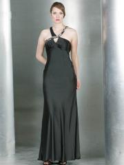 Classic A-line Style Beaded Accented High Neckline Full Length Black Satin Evening Dresses