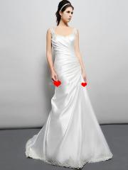 Classic Feeling Sleeveless Spaghetti Straps Ruffled Bodice White Taffeta A-line Wedding Dress with Cathedral Train
