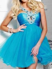 Classical Ice Blue Satin and Tulle Short A-Line Rhinestone Embellished Homecoming Dress