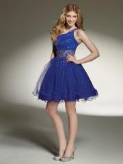 Classical One-Shoulder Dark Royal Blue Tulle Beaded Band Embellished Homecoming Dress