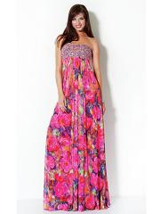 Colorful Strapless Empire Style Floor Length Floral Printed Draped Celebrity Wear