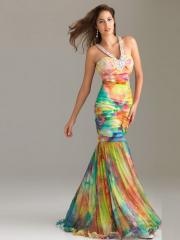 Colorized Print Chiffon Beaded V-neckline Shirring Bodice Pleated Skirt Celebrity Dresses