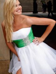 Contemporary Smart Strapless White Tulle Overlaid Homecoming Gown of Green Satin Sash