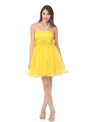 Daffodil A-line Strapless Sequined Bodice Flower Embellishment Pleated Mini Skirt Prom Dresses