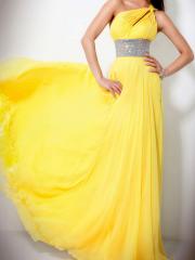 Daffodil Chiffon One-Shoulder Neckline Beaded Empire Waist Sleeveless Floor-Length Prom Dress