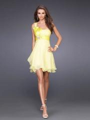 Daffodil Chiffon Satin Bow One-Shoulder Neckline Sleeveless Short Homecoming Dress