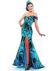 Dainty Asymmetrical Neck Sheath Floor Length Beaded Slit Blue Printed Celebrity Dress