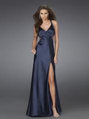 Dark Navy Beaded Halter V-Neck Neckline Sleeveless Side Slit Floor-Length Prom Dress