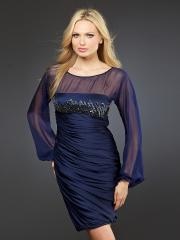 Dark Navy Sheer Long Sleeves Sequined Bodice Asymmetrical Ruched Cocktail Dresses