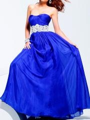 Dark Royal Blue A-line Strapless Beaded Empire Waist Flowing Full Length Skirt Prom Dresses