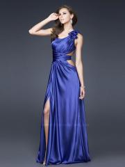Dark Royal Blue Floral One-Shoulder Neckline Sleeveless Floor-Length Side Slit Prom Dress