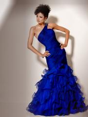 Dark Royal Blue Organza Beaded One-Shoulder Neckline Sleeveless Short Evening Dress