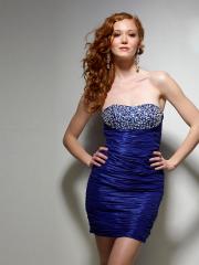 Dark Royal Taffeta Sheath Style Strapless Sequined Bodice Ruched Mini Cocktail Dresses