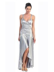 Dazzling Silver Satin A-line Sweetheart Ruched Bodice High Low Evening Dresses