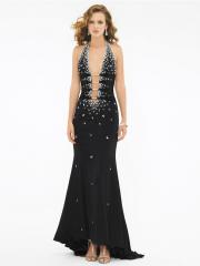Deep Plunging V-Neck Ankle-Length Black Chiffon Celebrity Gown of Diamantes Front