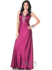 Deep V-Neck Ankle-Length Purple Elastic Satin Prom Gown of Rhinestones at Bust