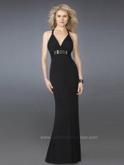 Deep V-Neck Black Floor Length Chiffon Prom Gown of Sparkling Band at Natural Waist