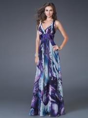 Deep V-Neck Empire Style Floor Length Multi-Color Printed Sash Evening Gowns