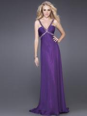 Deep V-Neck Floor Length Empire Purple Chiffon Evening Gown of Beaded Straps Front