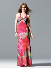 Deep V-Neck Floor Length Sheath Style Multi-Color Printed Evening Gown of Keyhole Back