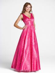 Deep V-Neck Fuchsia Tulle and Elastic Satin Banded Empire Style Bridesmaid Gown