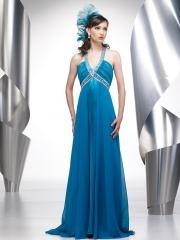 Deep V-Neck Ice Blue Floor Length Beaded Empire Style Chiffon Wedding Party Dress