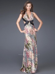 Deep V-Neck Multi-Color Printed Floor Length Evening Gown of Cut-Out Waist and Crisscross Back