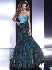 Deluxe Strapless Floor Length Mermaid Blue Satin and Peacock Printed Skirt Celebrity Dress