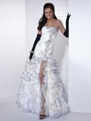 Deluxe Strapless Floor Length Sheath Appliqued White Silky Taffeta Multi-Tiered Party Dress