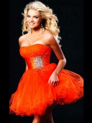Deluxe Strapless Short A-Line Orange Satin Bodice and Tulle Skirt Wedding Party Dresses