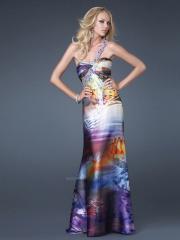Designer Floor Length Multi-Color Printed Sheath Style Evening Gown of Crisscross Back