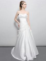 Discounted White A-line Wedding Dress with Strapless Neckline and Satin Sweep Train