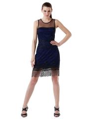 Double-Toned Black And Dark Royal Blue Short Length Sheath Cocktail Party Dresses